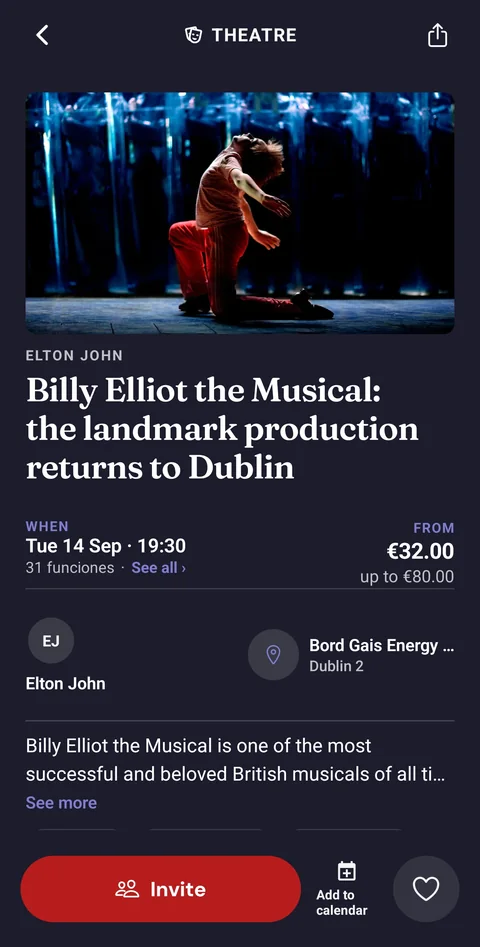 Musicals event page in the app
